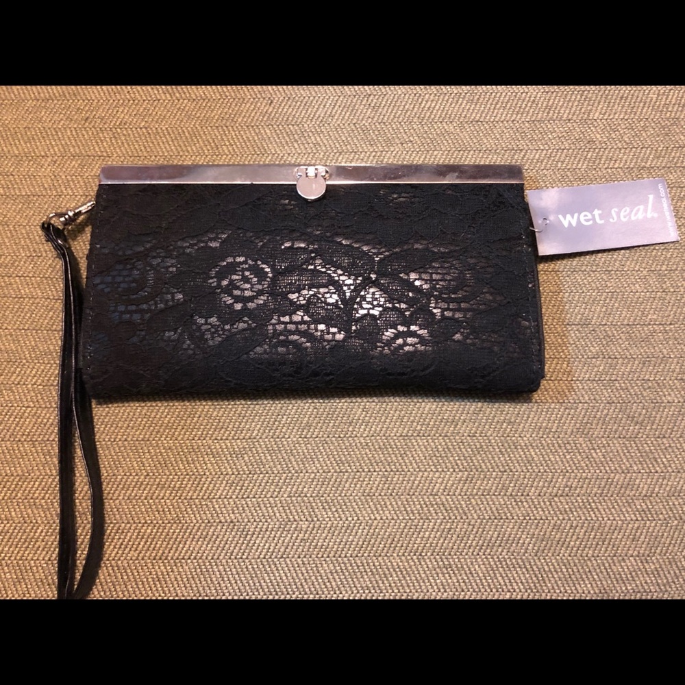 Wet Seal Black Faux Leather & Lace Clutch/Wallet